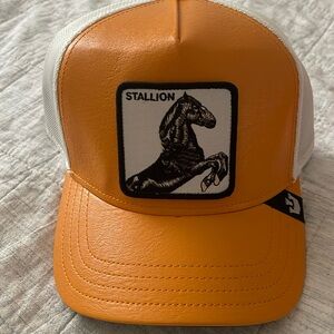 Stallion Orange leather snap back cap, one size